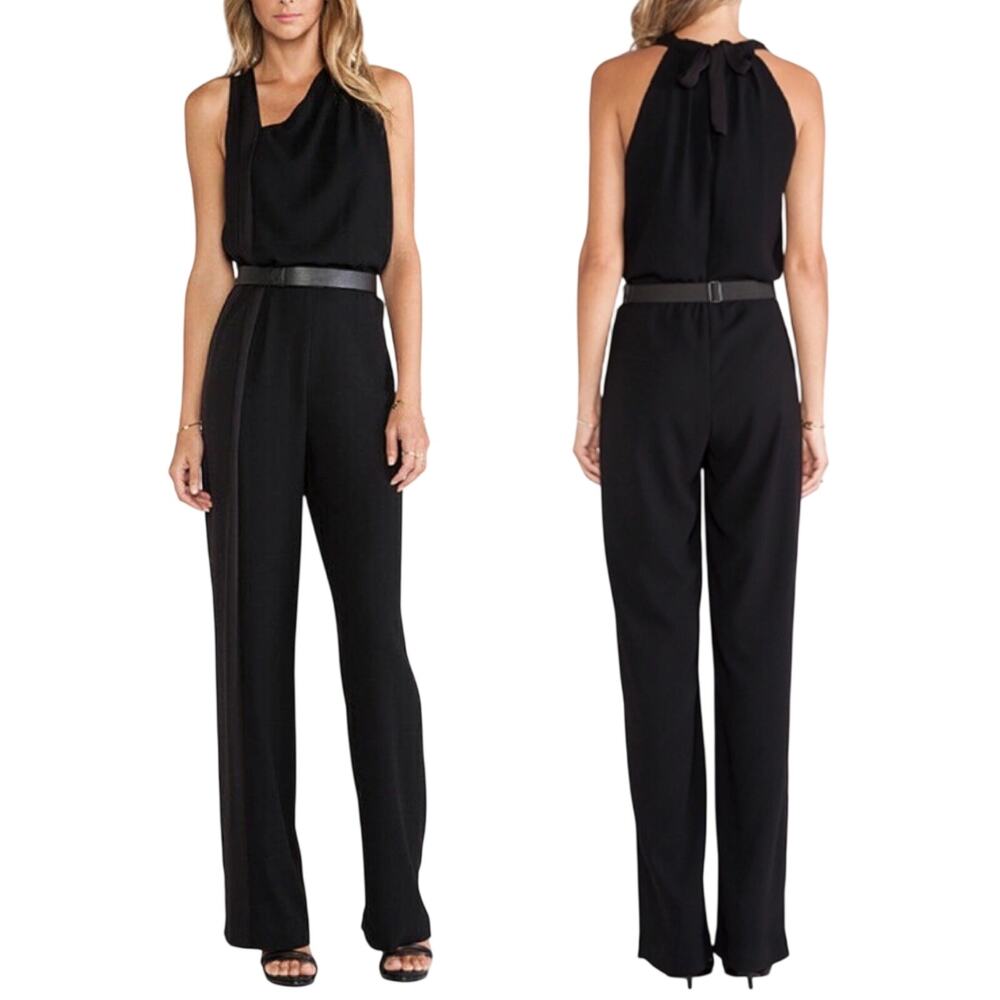 Halston Heritage Jumpsuit Asymmetrical Neckline Wide Leg Black Womens 10